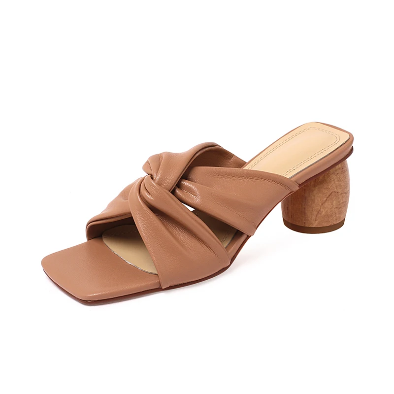 Kanseet Pleated Design 2021 Summer Women Shoes Round Heels Slippers Square Toe Soft Microfiber Leather High Heel Female Footwear