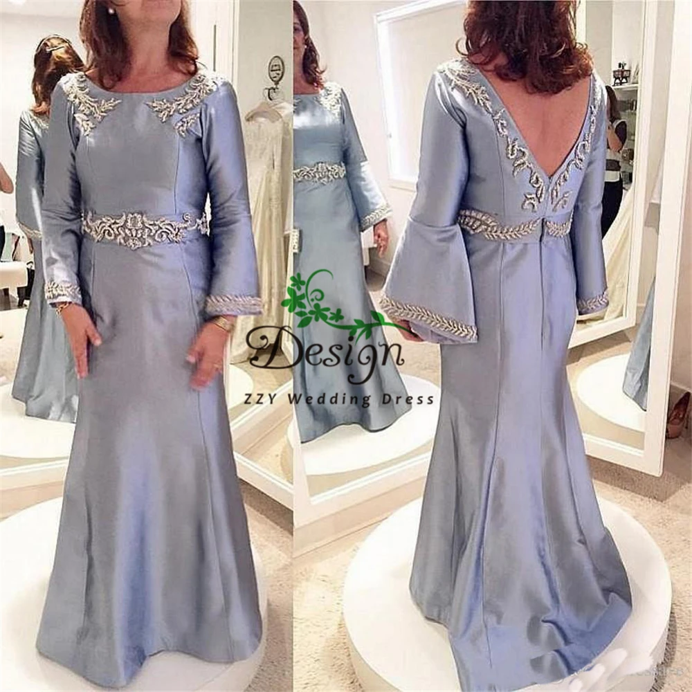 

2020 New Elegant Satin Beading Long Sleeves Custom-made Mother Of The Bride Dresses Long Plus Size Mother Evening Dresses