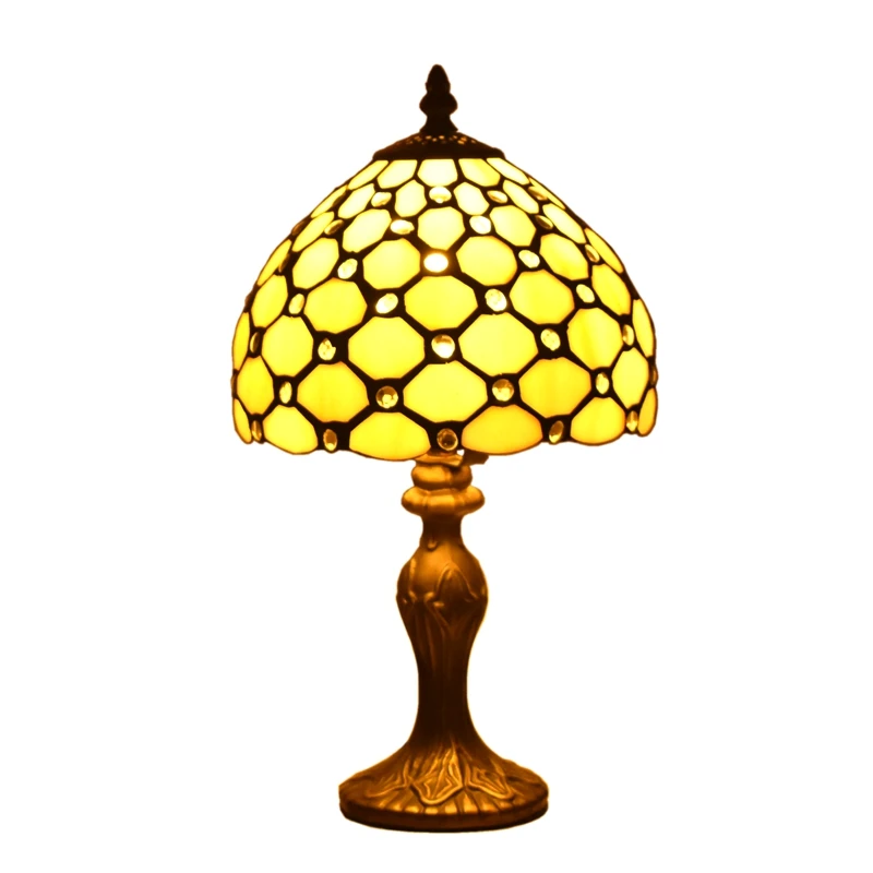

Tiffany Style Table Lamp Jewelry Small Night Light 15 Inch Tall Stained Glass Shade in 8 Inch Wide Vintage Victorian for Home