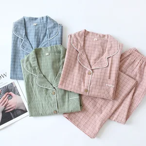 Пижама женская из чистого хлопка, с длинным рукавом и отворотом, осень Пижама клетчатая