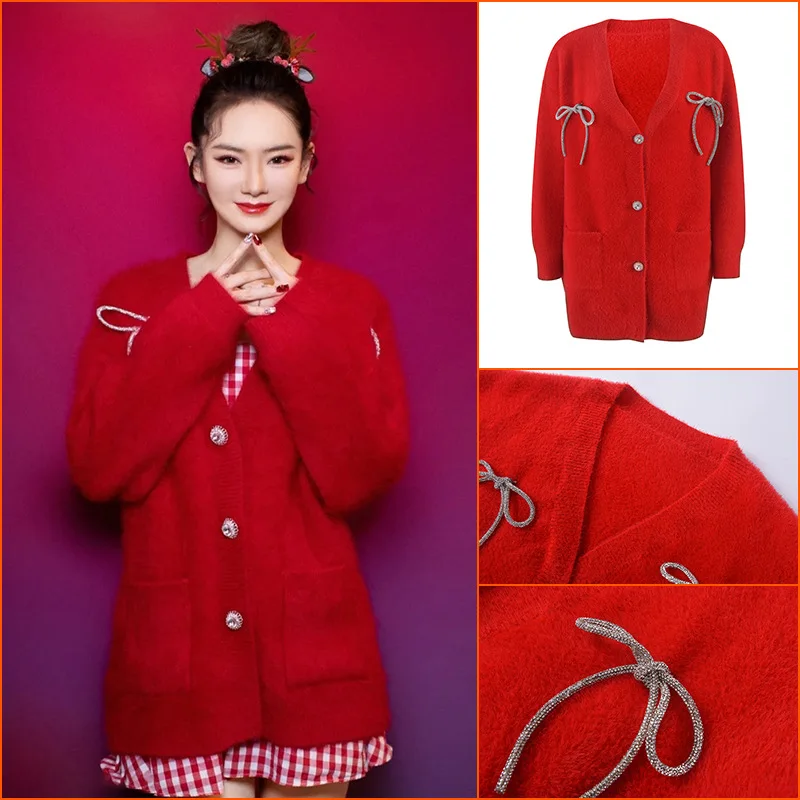 

Новинка 2021, Рождественский свитер, красная Новогодняя одежда, модный вязаный кардиган с V-образным вырезом, Женский мохеровый Свитер оверса...