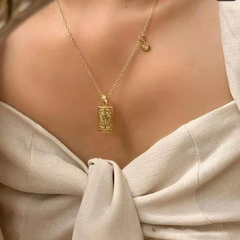 12 Constellations Necklace Square Pendant Fashion 18K Gold Plated Zircon Moon Sun World Creative Jewelr | Украшения и аксессуары