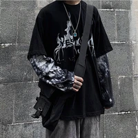 black hip hop t shirt mens casual autumn tops tee fake two piece long sleeve men t shirt fashion japan tshirt streetwear boys