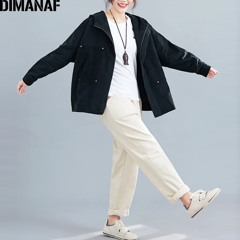 DIMANAF Plus Size Women Jackets Coats Autumn Winter Zipper Vintage Corduroy Thick Female Outerwear Loose Big Size Clothing