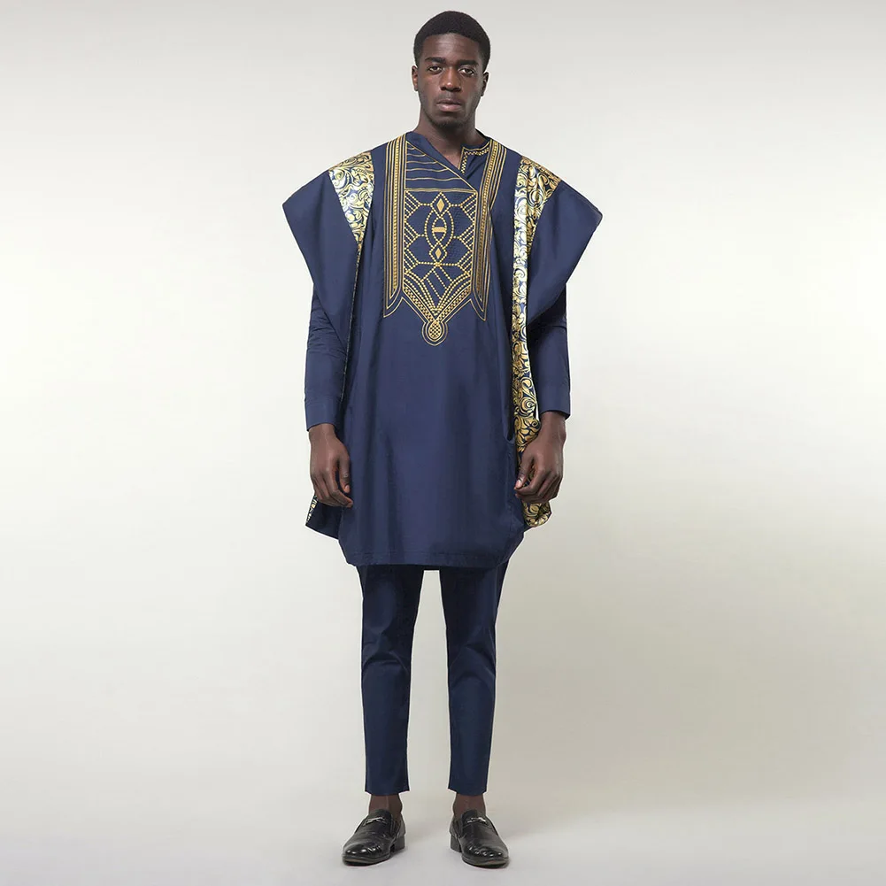 Fadzeco Agbada Мужская африканская 3 шт размера плюс Дашики вышивка бубоус топы короткие и брюки Мужская одежда халат Базен костюмы