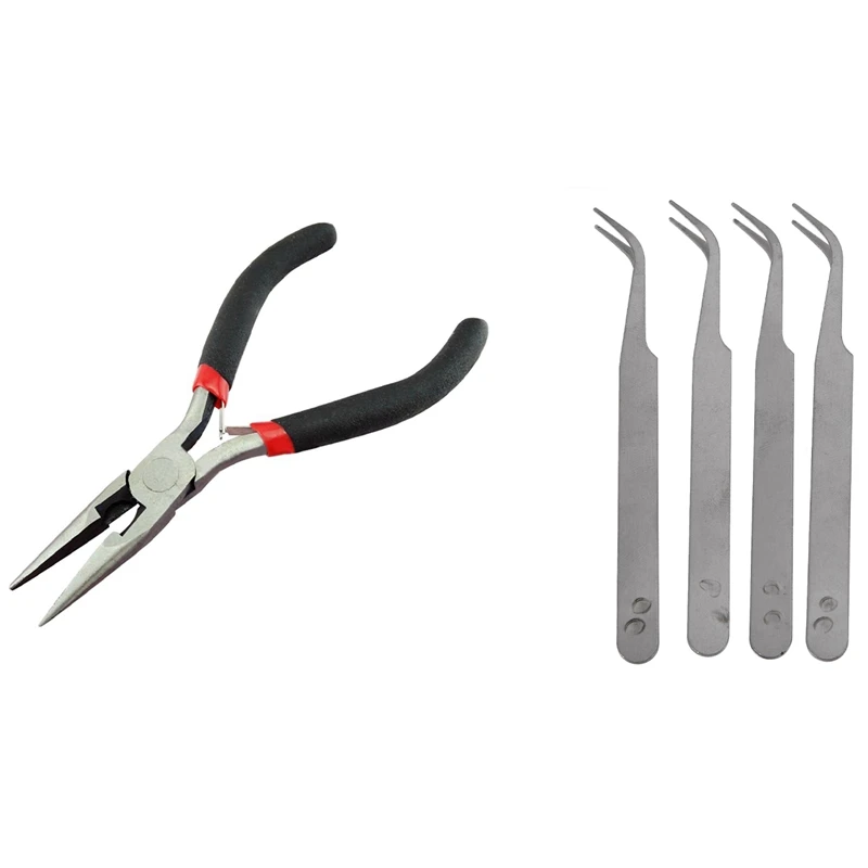 

4 Pcs Silver Tone 5 Inch Length Metal Bent Tip Tweezers & 1 Pcs Handy Pliers DIY Tool Needle Nose No Tooth