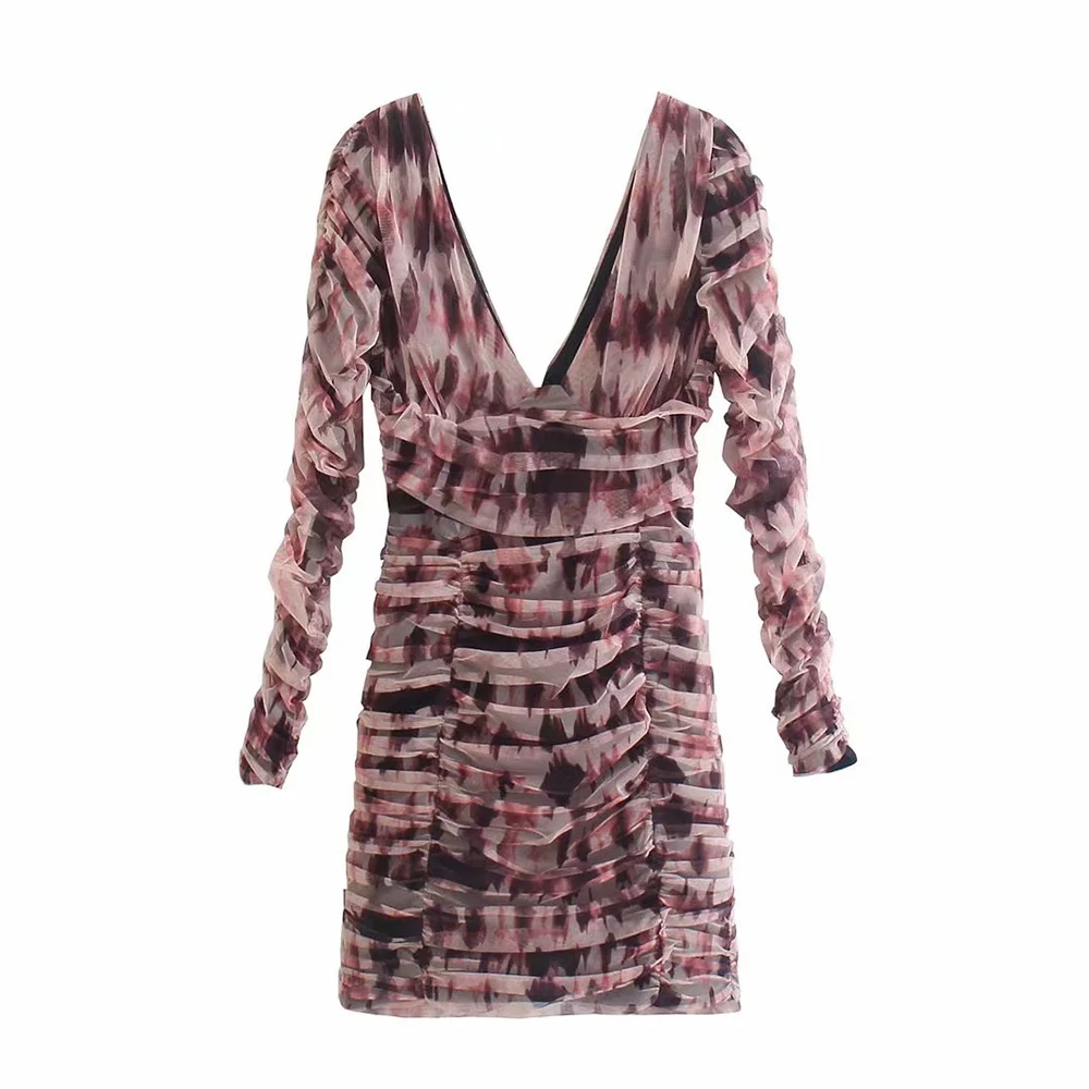 

Y2K Women Mini Dress Pleated Long Sleeve Sexy Print Ladies Slim Dresses 2021 Fashion Deep V Neck Female Hot Chic Dress
