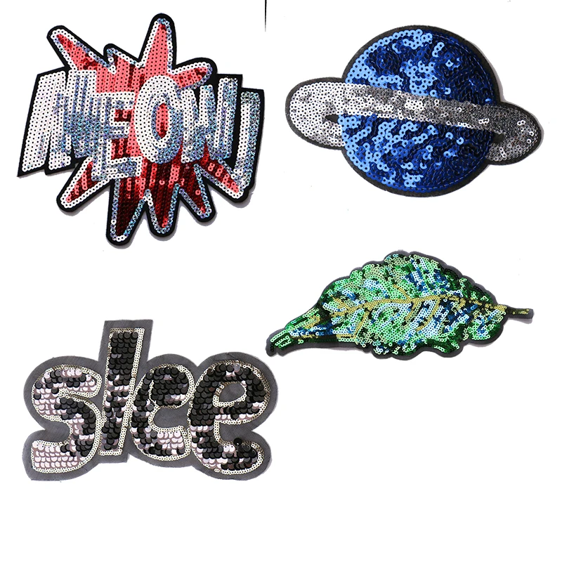 Модные блестящие нашивки с вышивкой в виде букв планеты и зеленых листьев