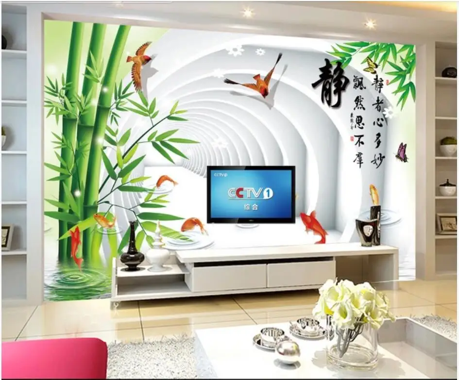 Пользовательские фото обои для стен 3 d сельская Фреска бамбук 3D круг Рыба