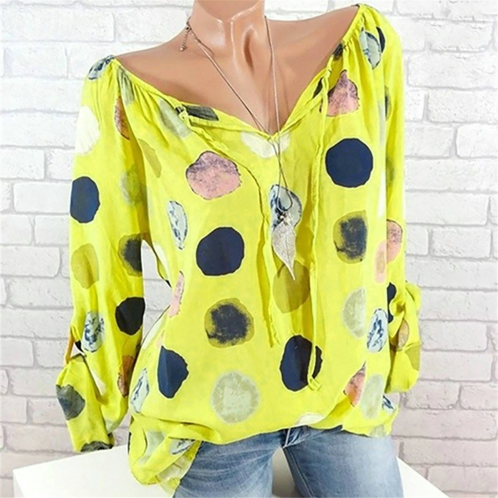 

Elegant Women Solid Shirts Fashion Plus Size Long Sleeve V-neck Polka Dot Blouse Pullover Tops Shirt Футболка Оверсайз 2021 R5