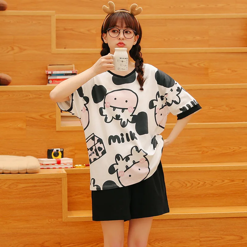 

Cute Cartoon Cow Sleepwear Set Women's Pajama Cotton New Summer Pijama Mujer Pyjama Casual Home Wear Soft Nighty M-XXL Nightwear
