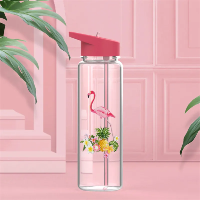Бутылка для воды из соломы 720 мл принт фламинго ручка сока|Бутылки воды| |