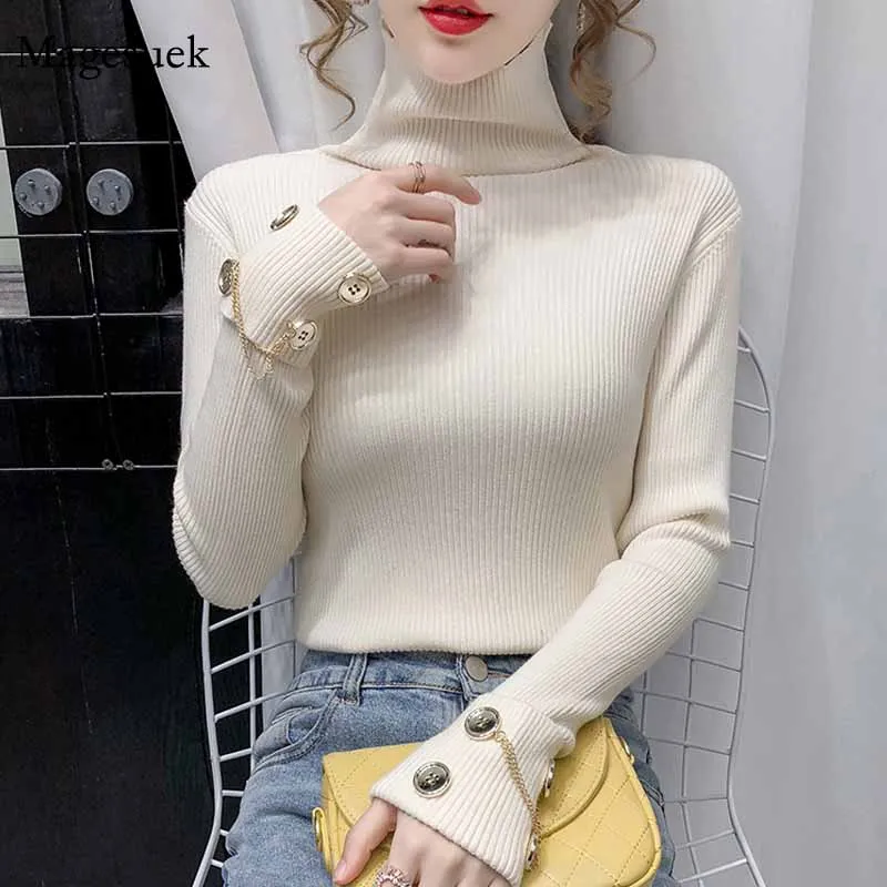 

Winter Elegant Women Thick Turtleneck Solid Slim Knitted Sweater Pullover Women Chic Cuff Buttons Zipper Bottoming Sweater 12120