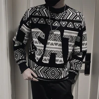 letter jacquard mens knitted sweater round neck long sleeve warm knitted pullovers korean casual social streetwear men clothing