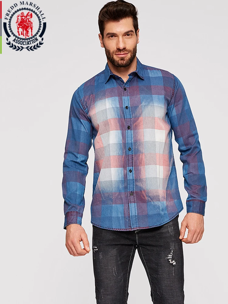 Fredd Marshall новинка 2019 модная цветная джинсовая рубашка для мужчин 100% хлопок