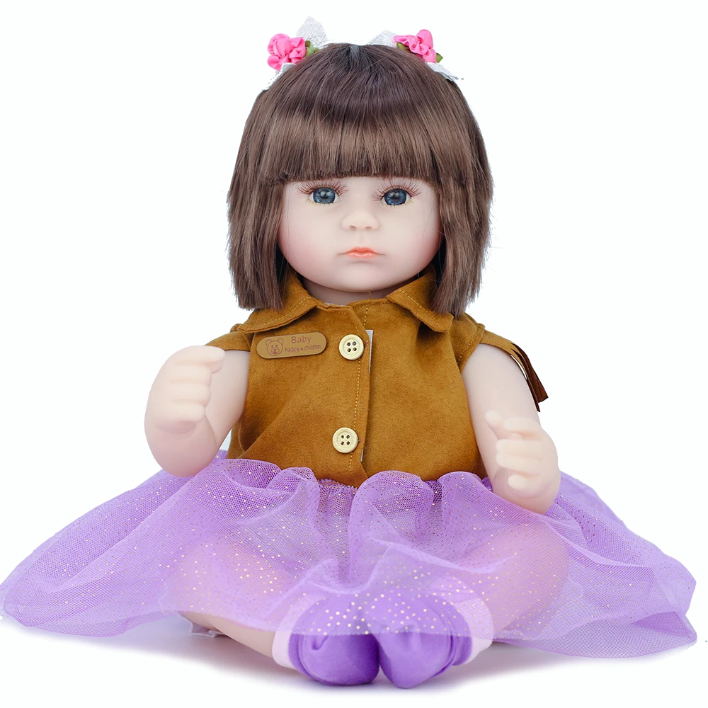 

42cm Cute Straight Hair Button Purple Skirt Reborn Doll PP Cotton Filled Environmental Protection Vinyl Limb Gift Baby Doll