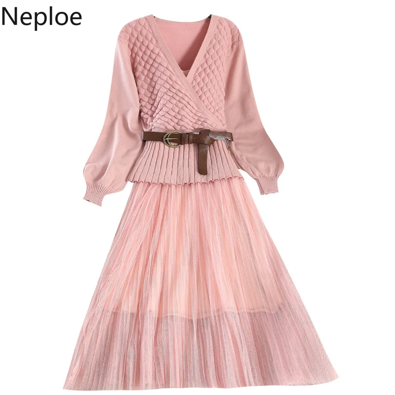 Neploe/осенне-зимнее элегантное Плиссированное кружевное платье на бретельках для женщин, v-образный вырез, тонкая талия, трикотажные однотонные вечерние женские комплекты из 2 предметов, фея 46725