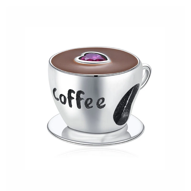 

925 Sterling Silver Charm Coffee Cup Enamel Beads fit Original Pandora Bracelet Fine Silver Jewelry Making DIY Gift
