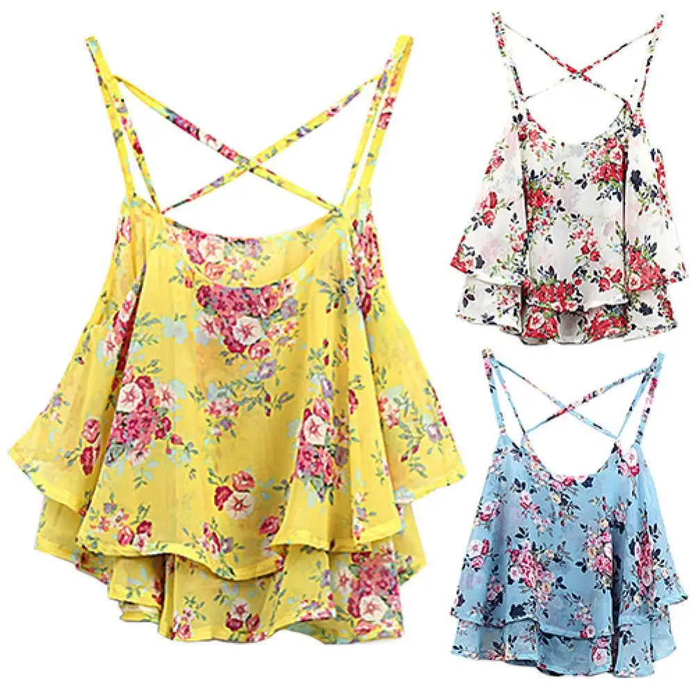 

HOT SALES!!! Women's Summer Spaghetti Strap Flower Print Chiffon Shirt Vest Blouses Crop Top