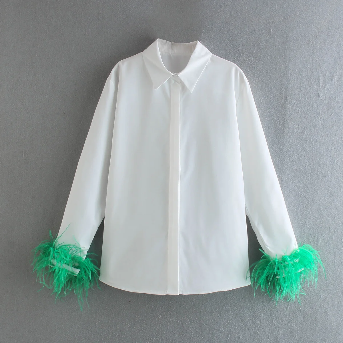 Green Feathers on the Cuffs Womens Blouses Long Sleeves Women's Clothing White Elegant Female Blouses Tops Shirts for Women Top