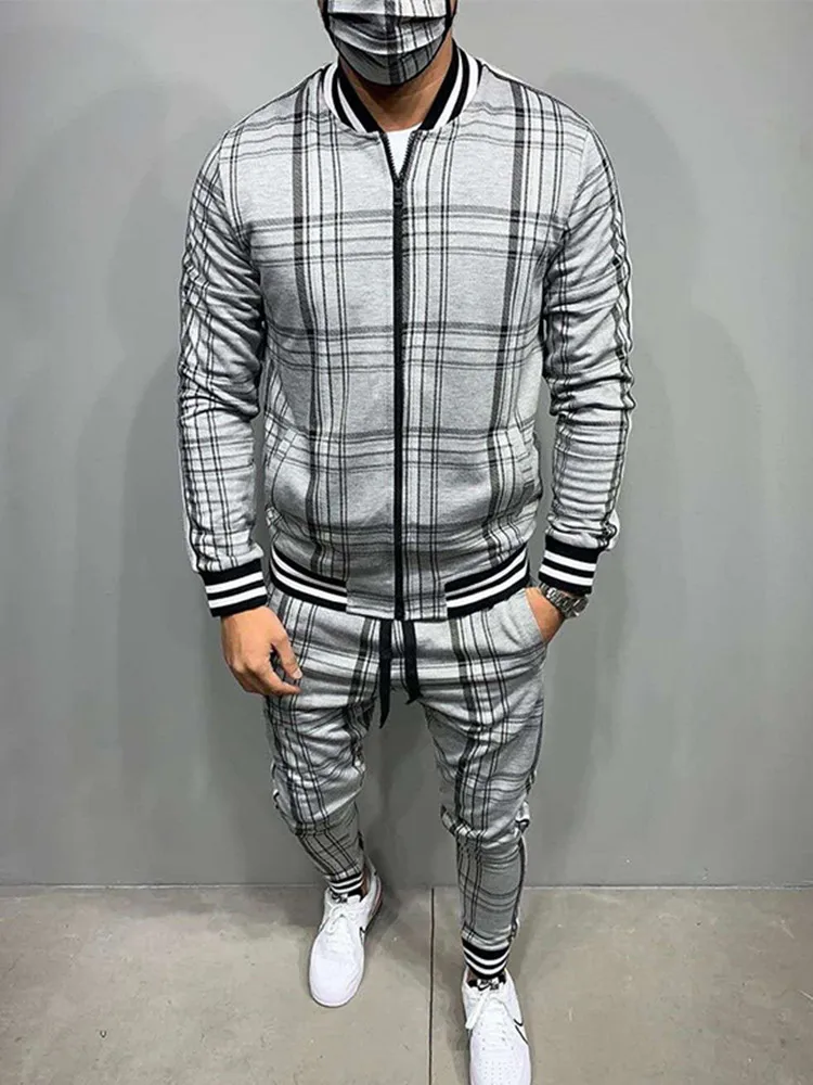 Europe United States Cardigan Checkered Coat +Sweatpants Fashion Men's Casual Two-Piece Suit 3D Print Clothing  - buy with discount