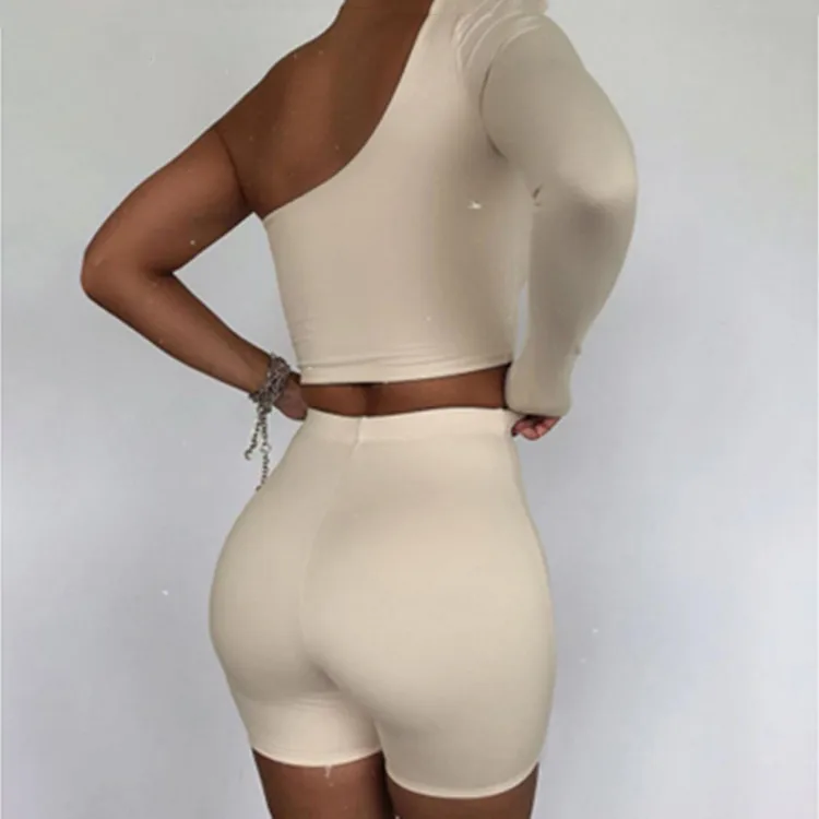 

Solid Asymmetrical Two Piece Sets Women Tracksuit Crop Tops+Elastic Bike Shorts Sporty Matching Suits Casual Female Outfit 09