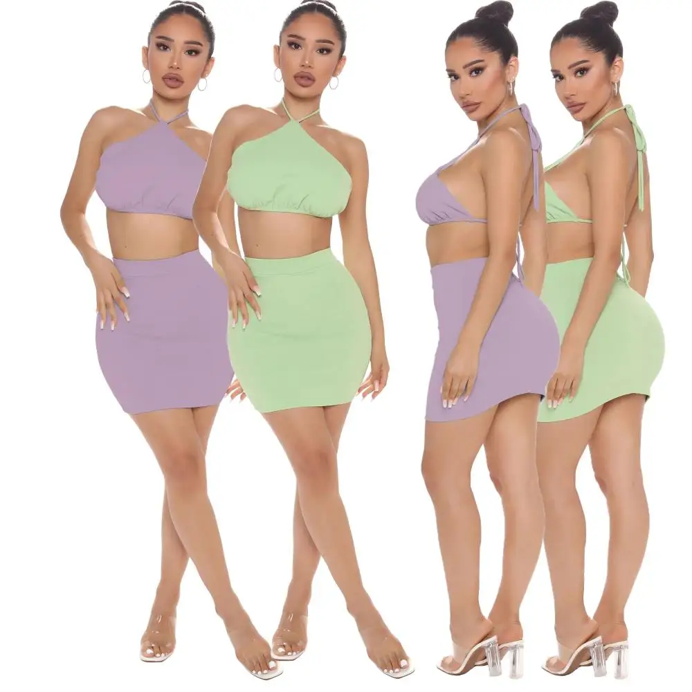 

Purple Green Color Summer Sexy Short Outfits Backless Crop Tops Halter Back Tie Cami Tank Skinny Mini Short Skirt 2 Pieces Sets