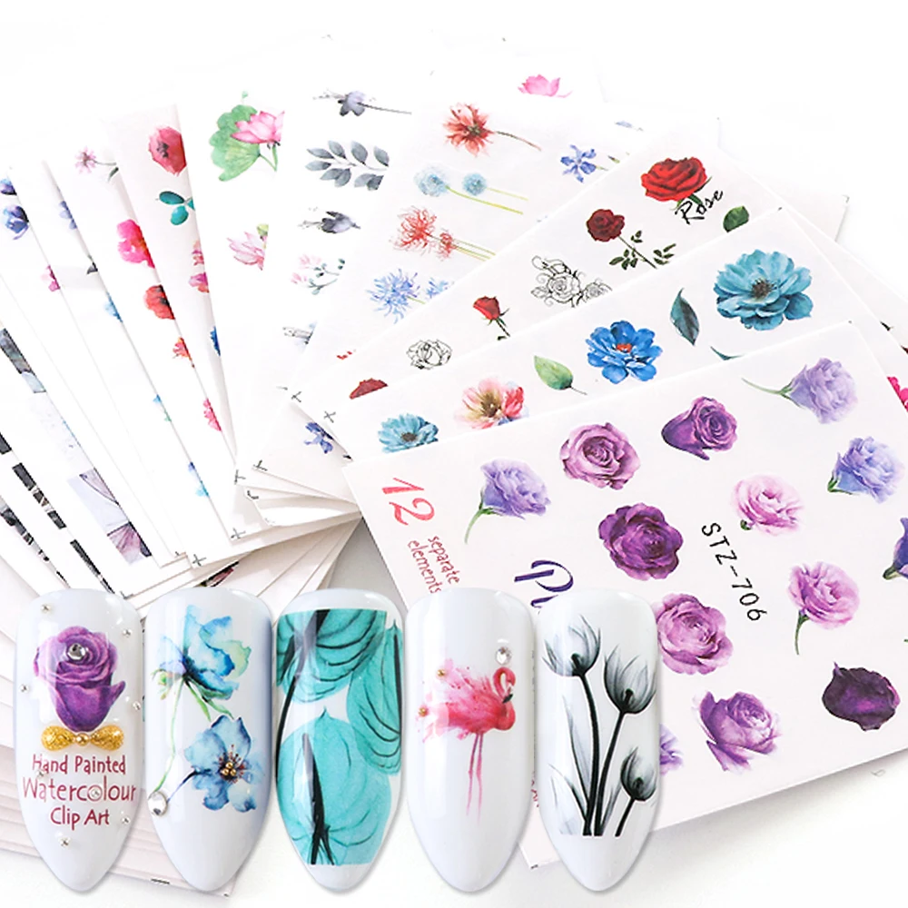 24 шт цветок воды наклейки для ногтей Маргаритка Роза переводной кончик водяной