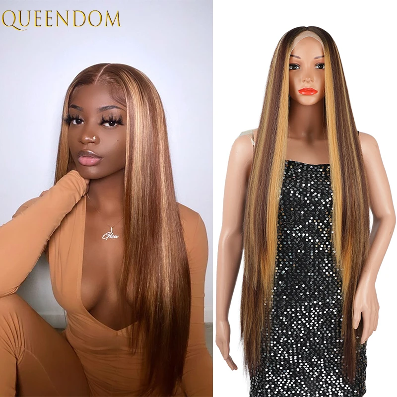 

Натуральный длинный шелковистый прямой выделитель парик Омбре коричневый синтетический кружевной парик афроамериканский 40 дюймов смешан...