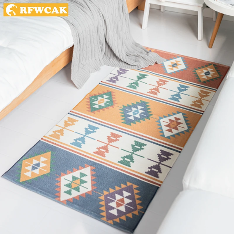 Богемный хлопковый льняной коврик прикроватный геометрический напольный ковры