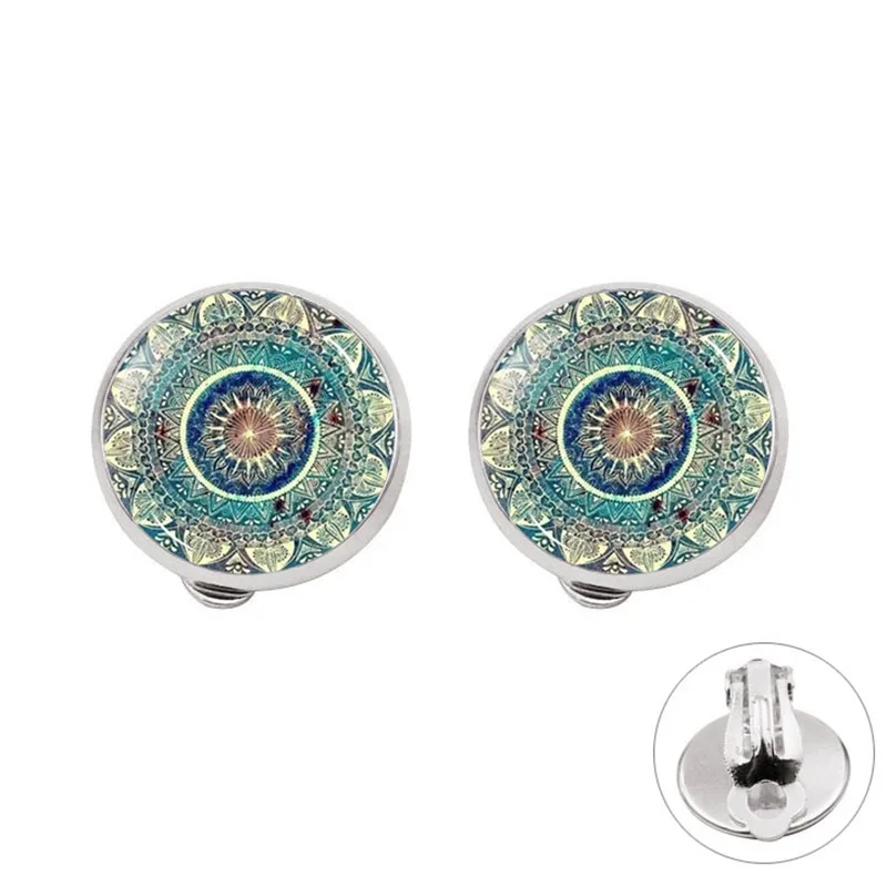 Silver Ear clip Горячая Распродажа, очаровательные серьги с рисунком мандалы, хна, Кристальные серьги, символ йоги Ом дзен, буддизм, стеклянные серьги для женщин, ювелирные изделия - Окраска металла: Silver Ear clip