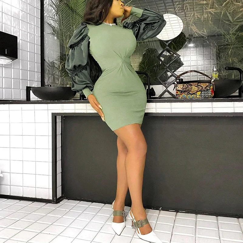 

Puff long Sleeve Slim Mini Dress woman Elegant Evening Party Mini Dress