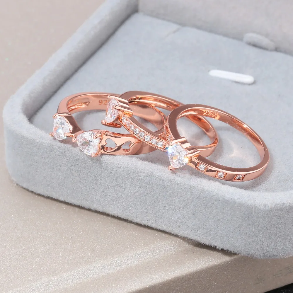 CiNily 3 in 1 Rose Gold Color LOVE Large Rings Clear Zirconia CZ Crystal Heart Stone Engagement Wedding Party Jewelry Woman Girl | Украшения