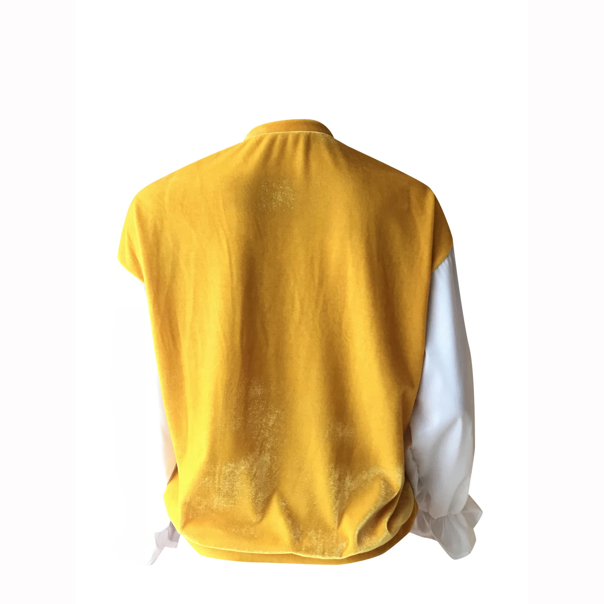 

Yellow Velour Patchwork White Long Lantern Sleeves O-Neck Women Shirt New Spring and Autumn All-Matching Tops