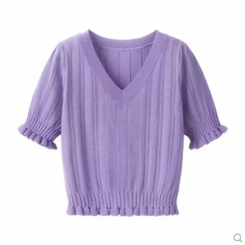 

Women's V Neck Sweater Short-Sleeved Thin Hollow T-shirt Knitting Large Elastic Pleated Summer T-shirt Tops Sweater Pullovers