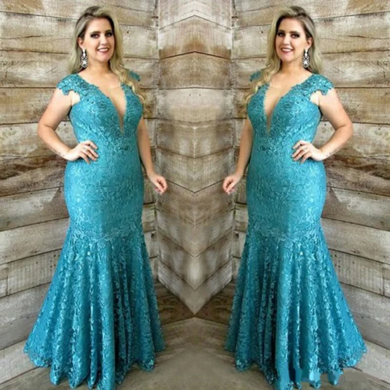 

Elegant Lace Mother Of The Bride Dresses 2020 Plus Size Short Sleeve Deep V Neck Mermaid Wedding Party Formal Evening Dress