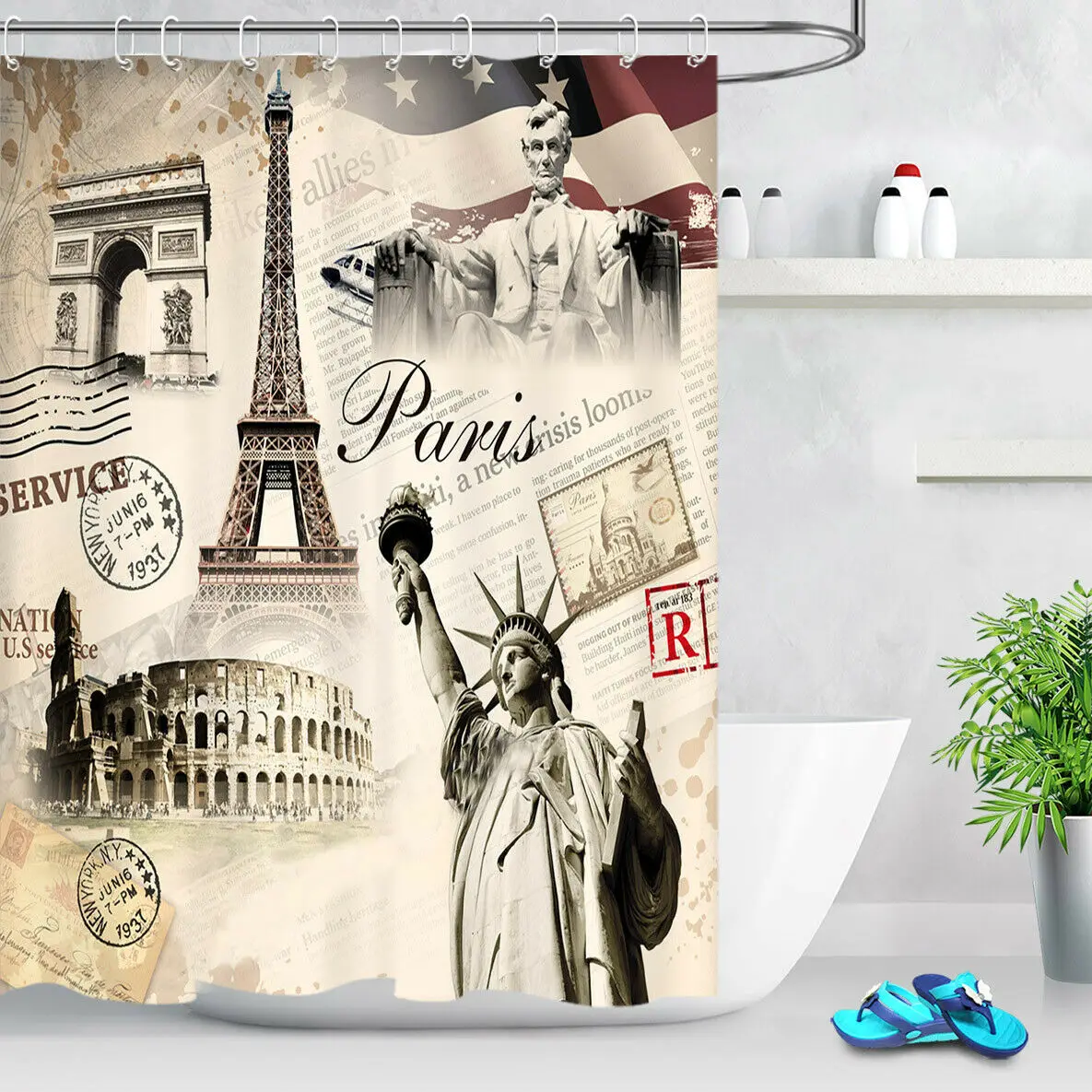 

Paris Eiffel Tower Newspaper Waterproof Fabric Shower Curtain Set Bathroom Liner