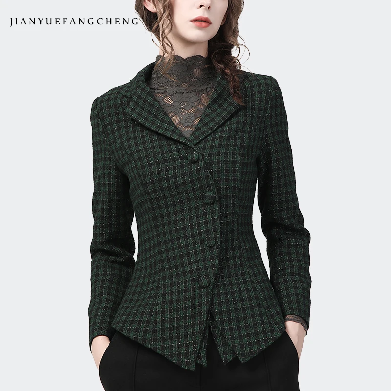 Elegant Slim Women Woolen Jacket Vintage Green Plaid Blazer 2021 Autumn Spring New Tops Fashion Suit Collar Short Woolen Coat