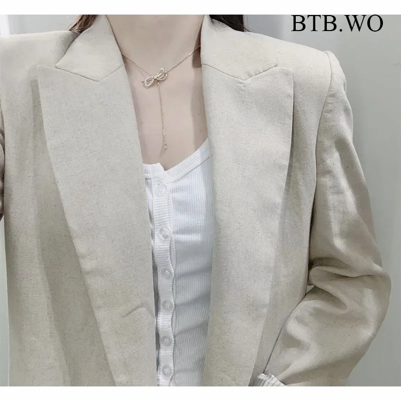 

BTB.WO Za 2021 Women Blazer Office Wear Fashion Linen Slim Blazer Coat Vintage Long Sleeve Female Outerwear Chic Tops