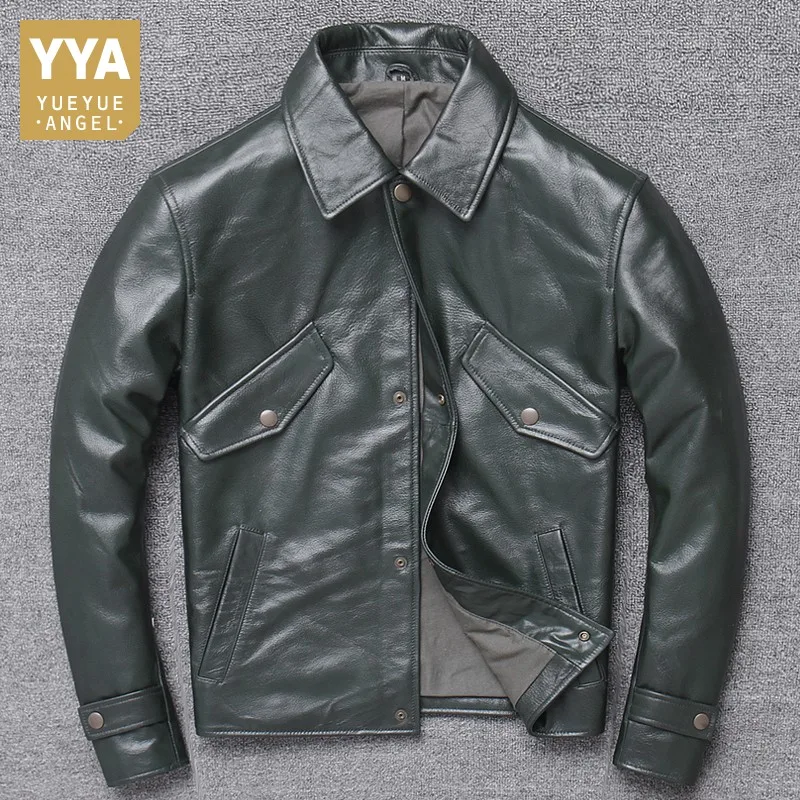 

Куртка мужская из натуральной коровьей кожи, Байкерский пиджак Slim Fit, короткая однобортная верхняя одежда в стиле панк с карманами, жакет из ...