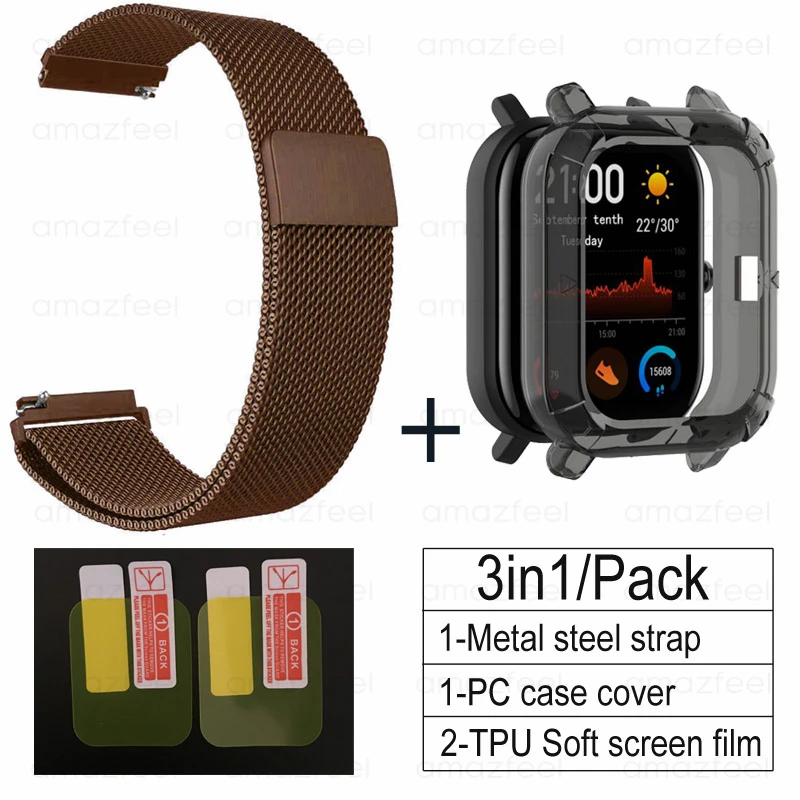 coffee-black 3в1 Для Amazfit GTS ремешок+ ТПУ чехол для Huami Amazfit gts Smartwatch Защитная пленка для экрана браслет ремешок на запястье - Цвет: coffee-black