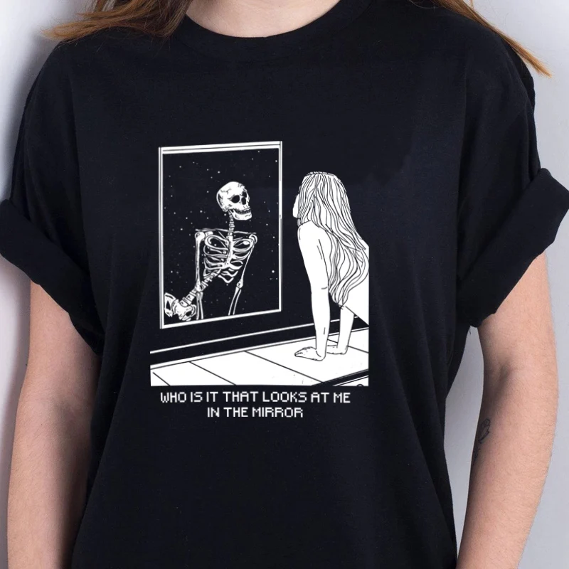 

Skeleton In The Mirror Art Drawing T-Shirt Women Grunge Aesthetic Gothic Graphic Tee Female Edgy Fashion Tshirt Hipster Cute Top