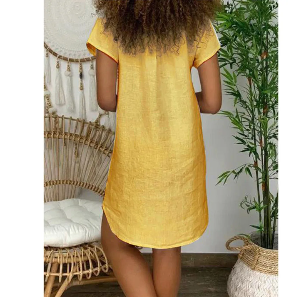 Платье женское из хлопка и льна с v образным вырезом коротким рукавом|Женские