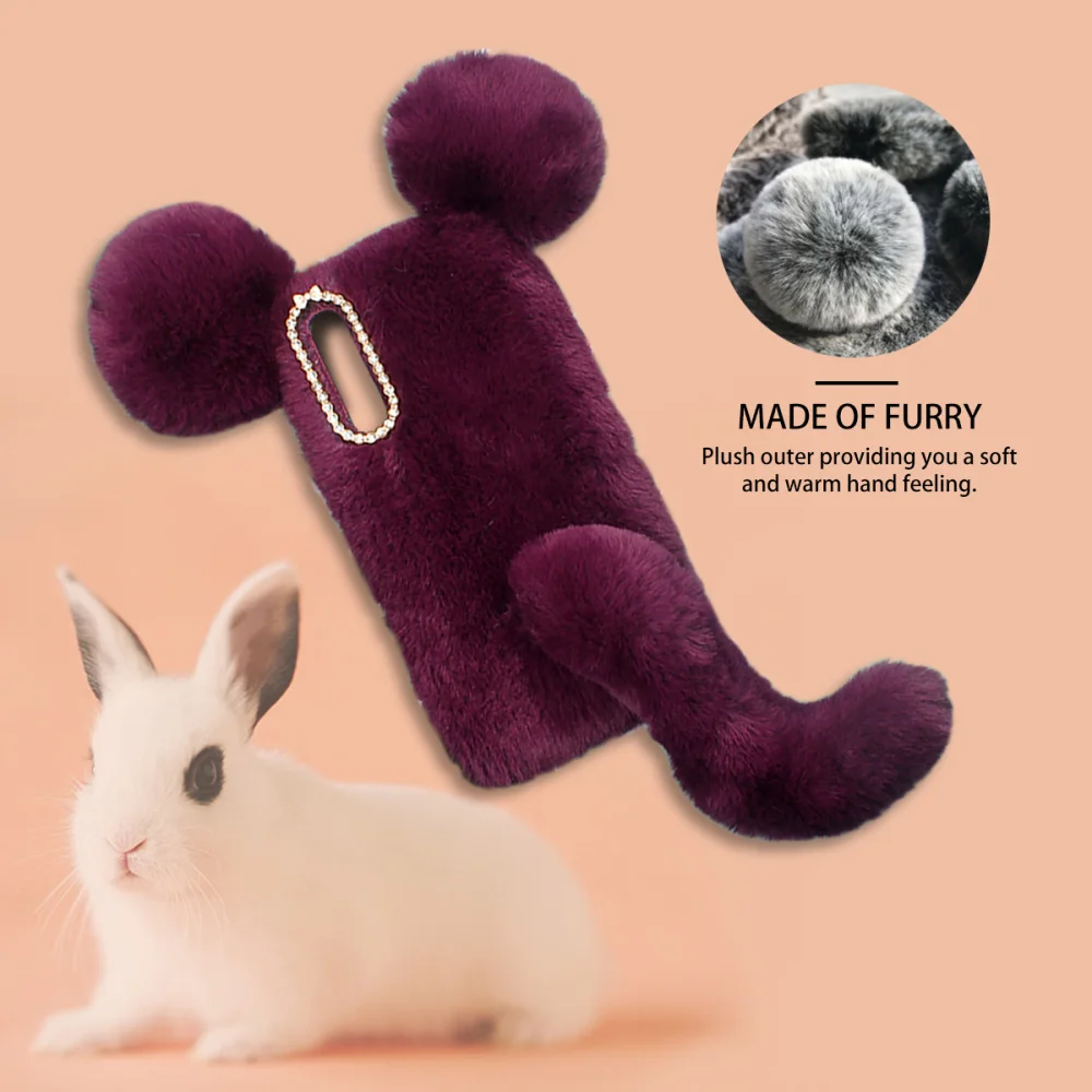 

Plush Design Phone Case Keep Warm Rhinestone Camera Frame Phone Shell Soft Shockproof Cover with Ear and Tail Compati