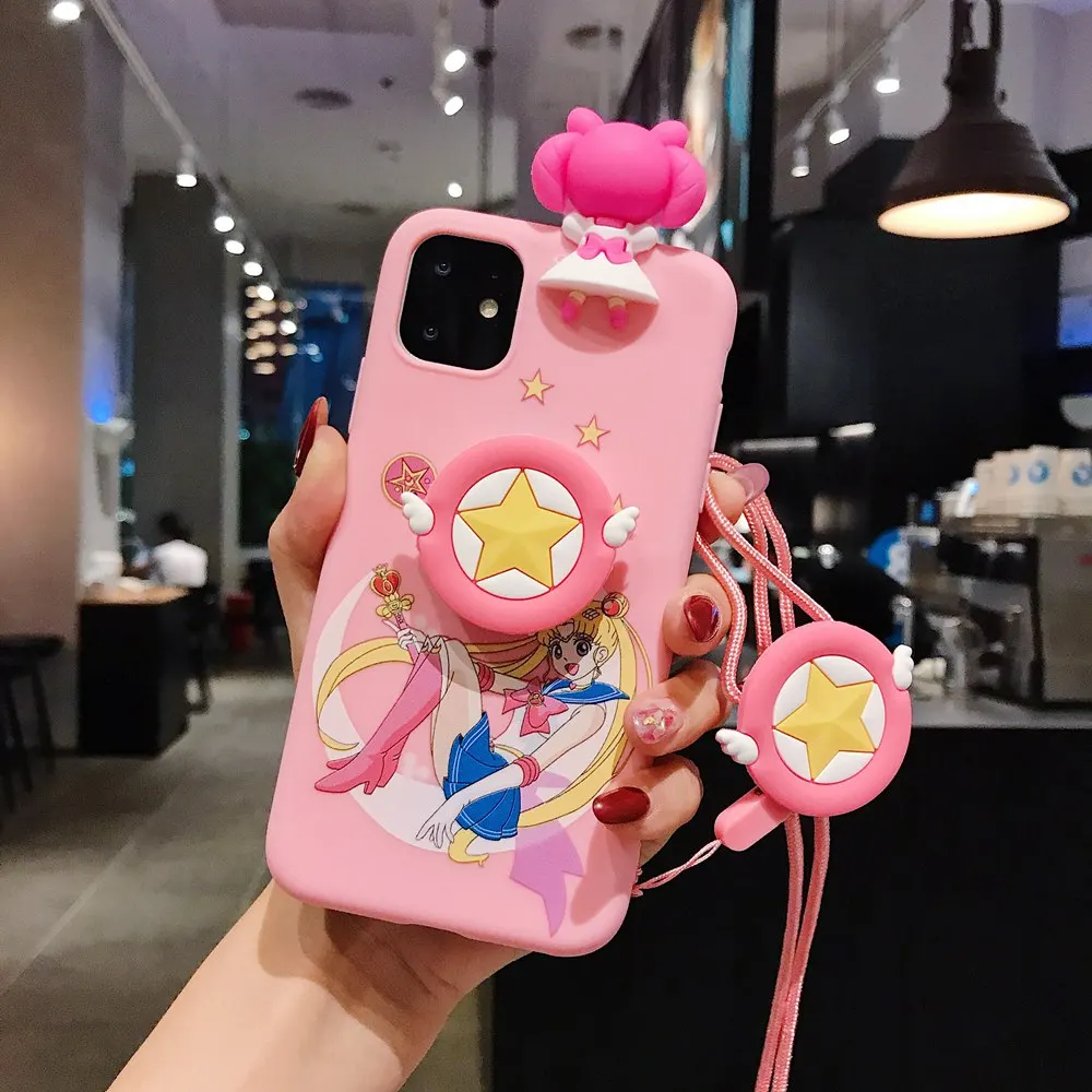Милый мультяшный Сейлор Мун розовый чехол для телефона для iPhone 11 Pro X 8 7 6s Plus XS Max XR мягкий 3D кукольные игрушки стенд ремешок задняя крышка - Цвет: 03