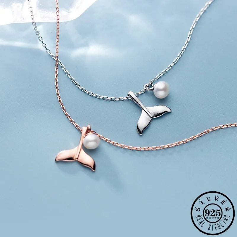 

925 стерлингового серебра кулон в виде хвоста Кита с пресноводным жемчугом заявление розовое золото Цвет покрытием форме плетённого кольца ...