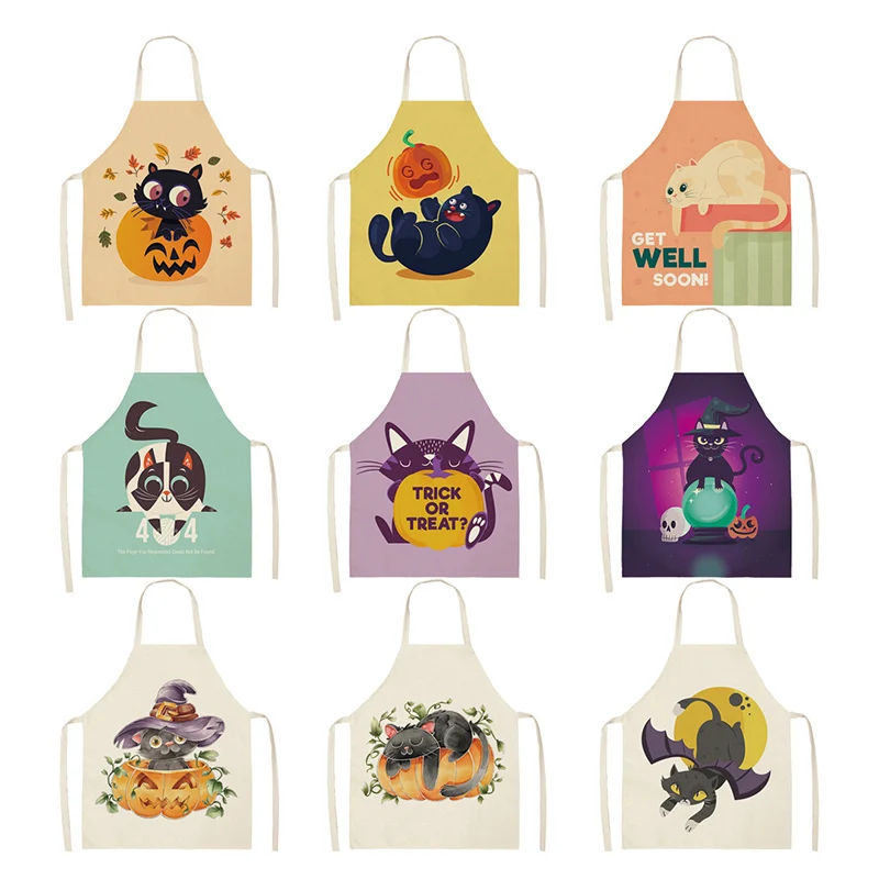 

Cute Black Yellow Cat Kitchen Aprons for Women Cotton Linen Bibs Cleaning Home Cooking Parent-child Apron 66x47cm