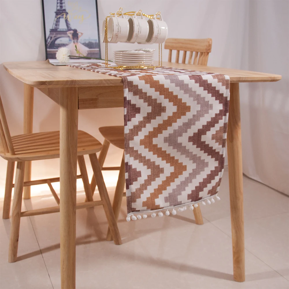 Brown Color Thick Soft Polyester Geometrical Mosaic Waves Printing Table Runner For Wedding Party Banquet Decor Cabinet Cover | Дом и сад