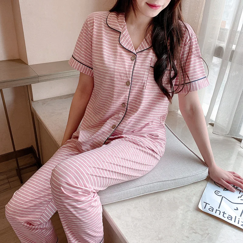 2021summer New Lapel Print Short Sleeve Pants Home Loose Casual Women's Pajama Set Lady Nightwear Female Sleepwear Sleeping Wear