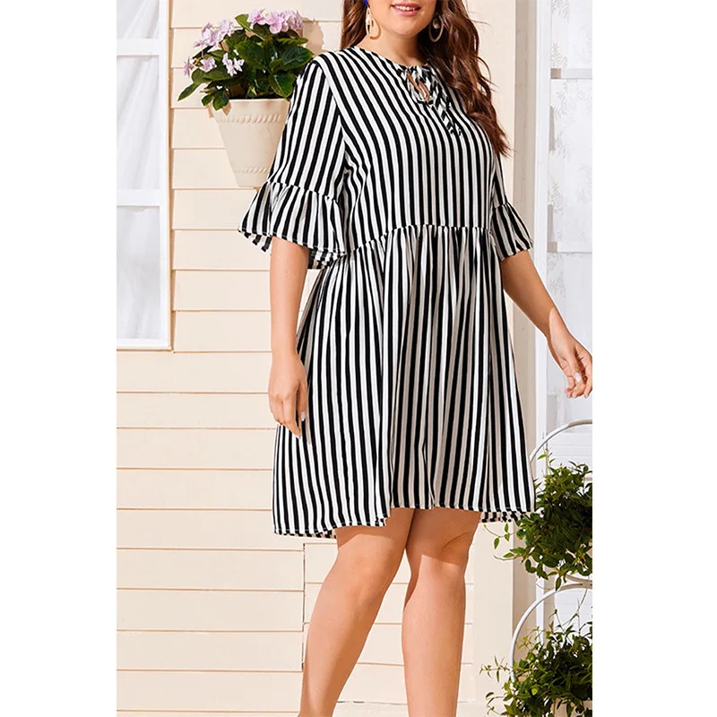 

Plus Size Dress Dress for Women Temperament Loose Dress Summer 2021 Stripe Printing Printing Splicing Big Skirt Ladylike